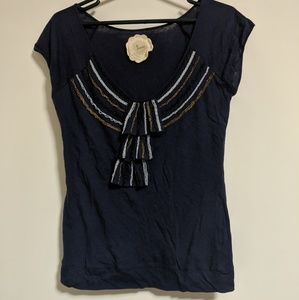 Anthropologie By Francine beaded navy ruffle top